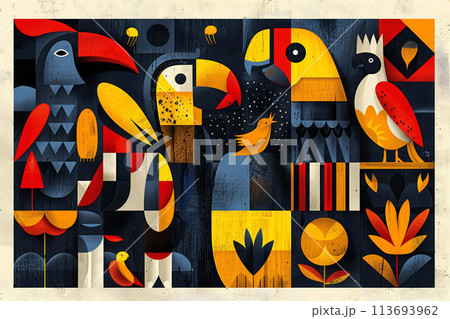 Geometrically patterned animal portraits in bright colors 113693962
