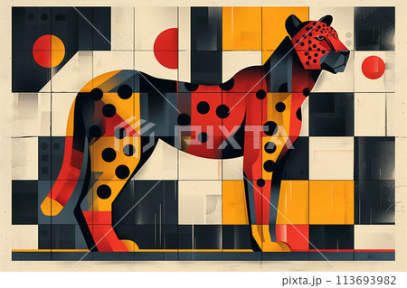 Geometrically patterned animal portraits in bright colors 113693982