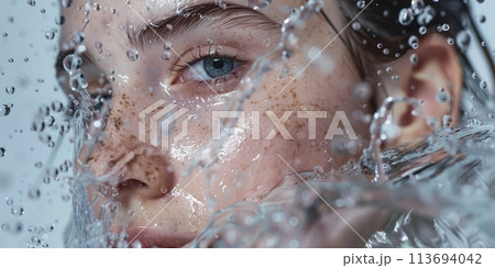 Close-up of a woman's face with splashes and drops 113694042