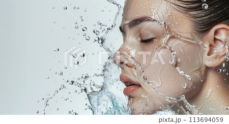 Close-up of a woman's face with splashes and drops 113694059
