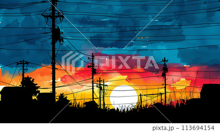 電線がやたら多い町のきれいな夕日