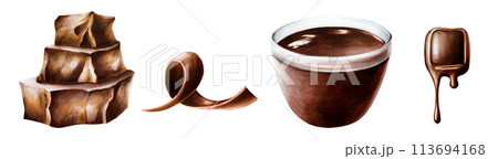 Watercolor set of curl slices of chocolate, cocoa beans in a canvas bag and melted liquid chocolate, stack pieces of chocolate. Hand drawn coiled sweet delicious realistic illustration isolated on 113694168