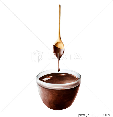 Watercolor wooden spoon with melted liquid chocolate brown glass bowl. Hand drawn realistic coffee illustration isolated on white background. For designers, packaging design, menu, decoration 113694169