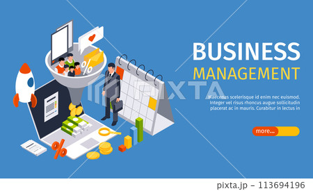 Isometric business horizontal banner template with business people working with a laptop and marketing funnel Isometric business horizontal banner template with business people working with a laptop and marketing funnel 113694196