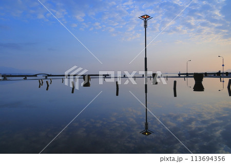 水面に映る電柱 水面に映る電柱 113694356