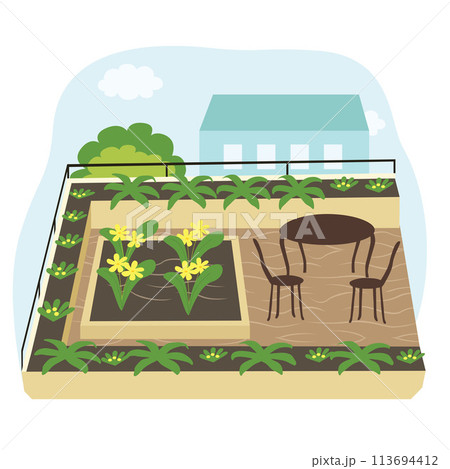 Rooftop garden in the city, Urban Garden scene, balcony, flowers the pot	 113694412