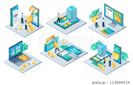 Isometric mobile banking services mini composition collection with people making transactions with big coins and devices 113694534