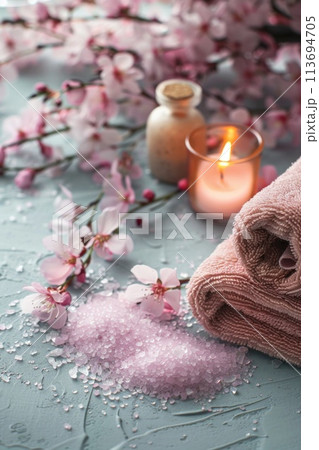 A serene spa setting featuring soft pink cherry blossoms 113694705