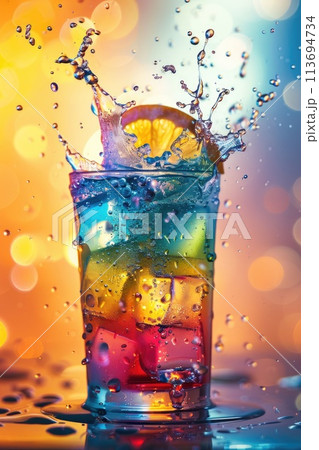 Colorful Splash with Citrus Cocktail Against a Vibrant Background 113694734