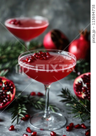 Festive Pomegranate Cocktail in Elegant Glassware 113694738