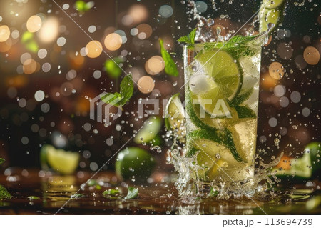 Refreshing Mojito Cocktail with Splashing Lime and Mint 113694739
