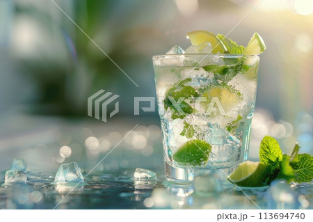 A classic mojito cocktail, effervescent and garnished with lime and mint A classic mojito cocktail, effervescent and garnished with lime and mint 113694740