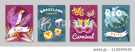 Hand drawn flat brazilian carnival cards collection with party and tropical elements 113694830