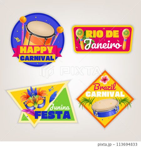Realistic brazilian carnival labels set with confetti and musical instrument 113694833