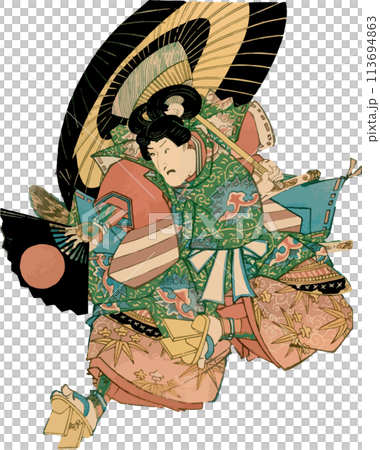 Ushiwakamaru flies swiftly with a snake-eye umbrella and a folding fan 113694863
