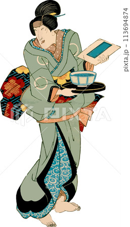 ラーメンどんぶりとメニューを持つ女性 ラーメンどんぶりとメニューを持つ女性 113694874