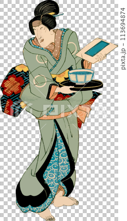 Woman holding a ramen bowl and a menu 113694874