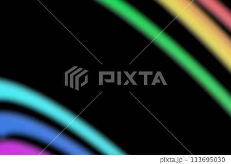 Playful rainbow overlay effect on black background. Colorful, blurred stripes. Color gradient, modern style. Multicolor filter. 3D render. 113695030