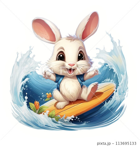 Cheerful bunny surfing sticker 113695133