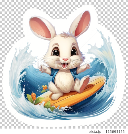 Cheerful bunny surfing sticker 113695133
