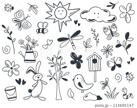 Spring set of elements doodle sketch style Spring set of elements doodle sketch style 113695147