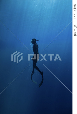 Freediver Swimming in Deep Sea With Sunrays. Young Man Diver Eploring Sea Life. Freediver Swimming in Deep Sea With Sunrays. Young Man Diver Eploring Sea Life. 113695160