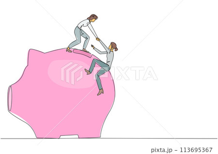 Single continuous line drawing businesswoman helps colleague climb big piggy bank. Remind each other in kindness. Investment for the future. Super great teamwork. One line design vector illustration Single continuous line drawing businesswoman helps colleague climb big piggy bank. Remind each other in kindness. Investment for the future. Super great teamwork. One line design vector illustration 113695367