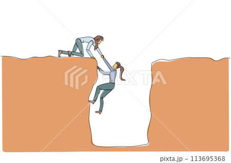 Single one line drawing businesswoman helps colleague climb a wide hole. Teamwork helps colleagues who have fallen. Inviting success together. Cohesive. Continuous line design graphic illustration 113695368