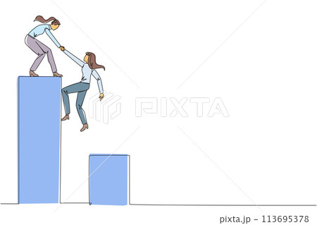 Single continuous line drawing businesswoman helps colleague climbing bar graph. Helping to climb to higher ground. Move forward and success together. Teamwork. One line design vector illustration 113695378