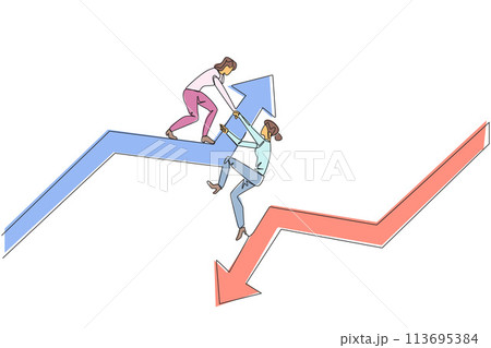 Single continuous line drawing businesswoman helps colleague climb arrow symbol. Teamwork to raise better level together. Best partner ever. Maintain cohesiveness. One line design vector illustration 113695384