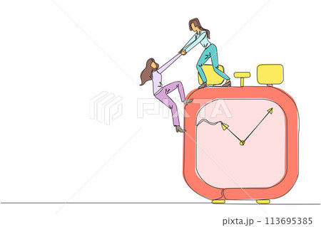 Single continuous line drawing businesswoman helps colleague climb the big alarm clock. Helping coworkers. Deadline is coming. Work together for better end result. One line design vector illustration 113695385
