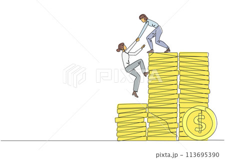 Continuous one line drawing businesswoman helps colleague climb pile of coins. Metaphors help achieve financial target before entering retirement. Teamwork. Single line draw design vector illustration 113695390