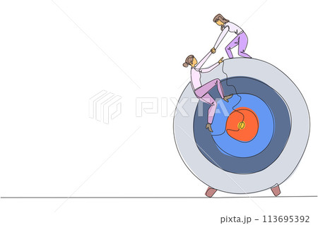Single one line drawing businesswoman helps colleague climb arrow board target. Metaphors help focus on completing tasks one at time. Success together. Continuous line design graphic illustration 113695392