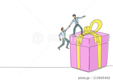 Continuous one line drawing businessman helps colleague climb big gift box. Integrated teamwork to reach the highest level for rewards. Helping each other. Single line draw design vector illustration 113695402