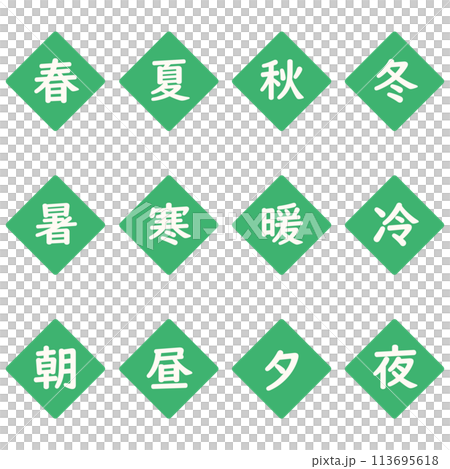 緑色の漢字一文字のひし形アイコンセット 緑色の漢字一文字のひし形アイコンセット 113695618