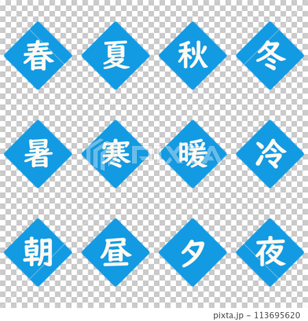 青色の漢字一文字のひし形アイコンセット 青色の漢字一文字のひし形アイコンセット 113695620
