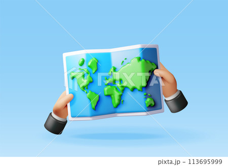 3D cartoon folded world map in hand 3D cartoon folded world map in hand 113695999