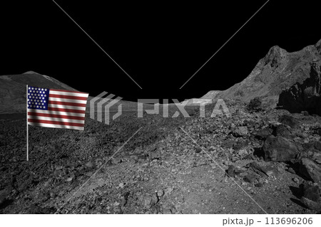 USA flag on empty planet landscape, dark lunar background USA flag on empty planet landscape, dark lunar background 113696206