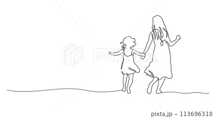 Continuous Line Art of Motherhood, Happy Mother day card, one line drawing, parent and child silhouette hand drawn. Vector illustration Continuous Line Art of Motherhood, Happy Mother day card, one line drawing, parent and child silhouette hand drawn. Vector illustration 113696318