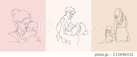 Set of Continuous Line Art of Motherhood, Happy Mother day, one line drawing, parent and child silhouette hand drawn. Vector illustration 113696332