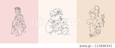 Set of Continuous Line Art of Motherhood, Happy Mother day, one line drawing, parent and child silhouette hand drawn. Vector illustration Set of Continuous Line Art of Motherhood, Happy Mother day, one line drawing, parent and child silhouette hand drawn. Vector illustration 113696341
