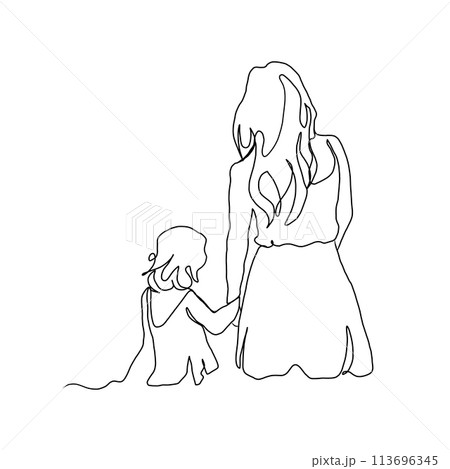 Continuous Line Art of Motherhood, walk together, Happy Mother day card, one line drawing, parent and child silhouette hand drawn. Vector illustration Continuous Line Art of Motherhood, walk together, Happy Mother day card, one line drawing, parent and child silhouette hand drawn. Vector illustration 113696345