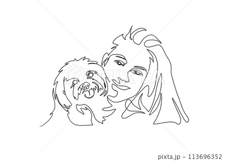 Continuous Line Art of Motherhood, Dog mom, Happy Mother day card, one line drawing, parent and child silhouette hand drawn. Vector illustration 113696352