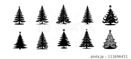 Set of Christmas pine tree silhouette isolated on white background. Forest tree vector illustration Set of Christmas pine tree silhouette isolated on white background. Forest tree vector illustration 113696451