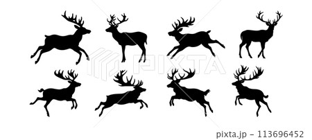 Set of Reindeer silhouette isolated on white background. Christmas deer wildlife animal vector illustration Set of Reindeer silhouette isolated on white background. Christmas deer wildlife animal vector illustration 113696452