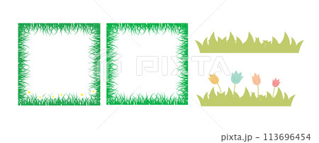 Set of spring grass, nature border with daisy flowers and pastel tulips isolated on white background. Vector illustration 113696454