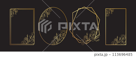 Luxury floral geometric frames, golden botanical border design, elegant line art design of flowers and leaves frames for invitation. Vector illustration Luxury floral geometric frames, golden botanical border design, elegant line art design of flowers and leaves frames for invitation. Vector illustration 113696485