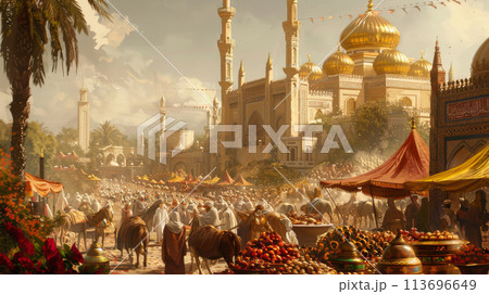 Bustling Eastern Marketplace with Majestic Mosque Bustling Eastern Marketplace with Majestic Mosque 113696649