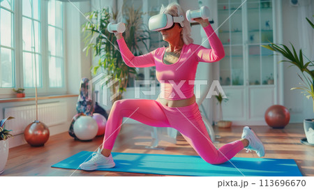 Fit Senior Woman with VR Headset Training at Home 113696670