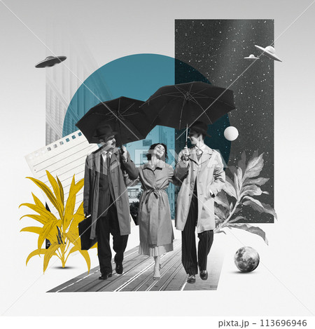 Happy smiling woman walking with two men paying attention to her. Contemporary art collage. Monochrome image with colorful elements Happy smiling woman walking with two men paying attention to her. Contemporary art collage. Monochrome image with colorful elements 113696946